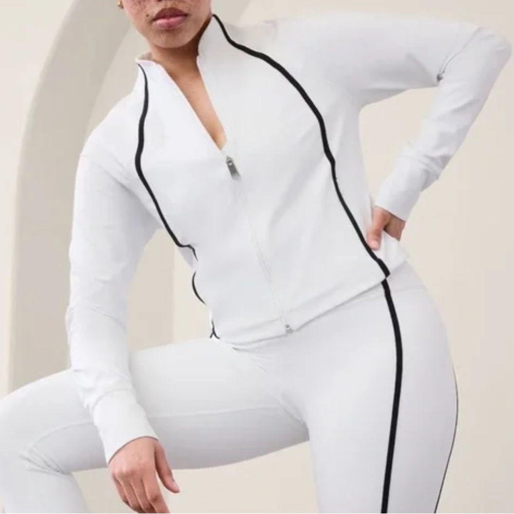 Athleta White & Black Piping Salutation Athletic Jacket